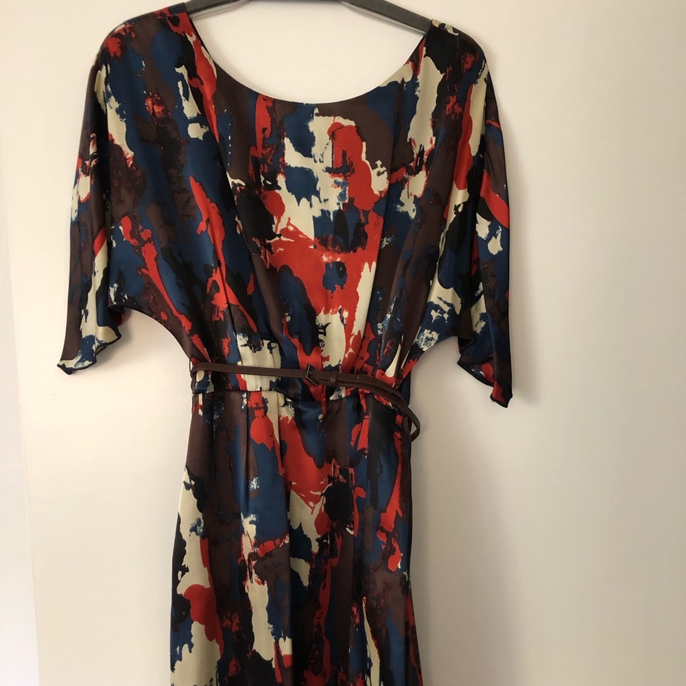 Single LA Navy Multicolor Silk Dress w/brown belt